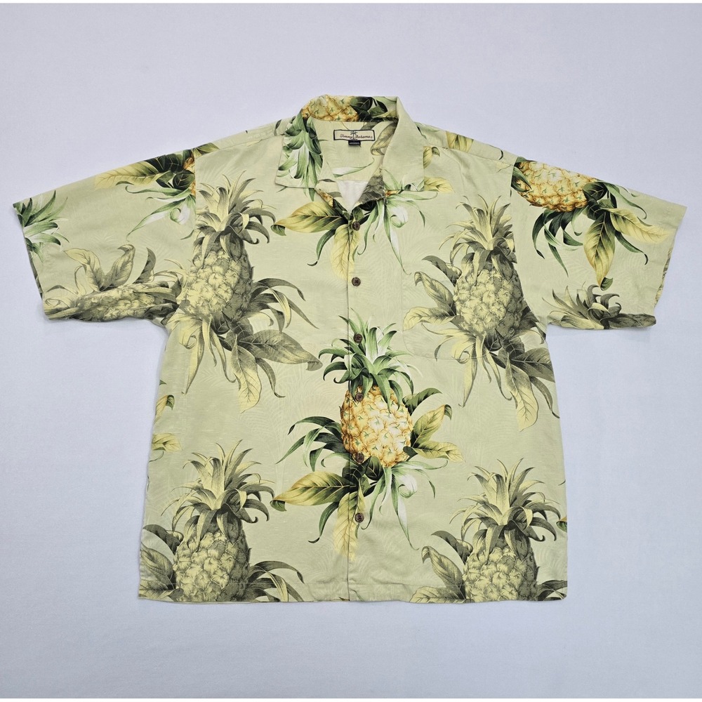 Tommy Bahama Mens Large 100% Silk Pineapple Print Camp Shirt Short Sleeve L